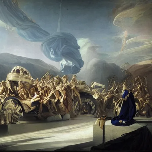 Image similar to sci fi car transport design organic smooth elastic forms 30% of canvas; wall structure on the coronation of napoleon painting 40% of canvas; by Jacques-Louis David, pinterest keyshot product render, cloudy plastic ceramic material shiny gloss water reflections, ultra high detail ultra realism, 4k