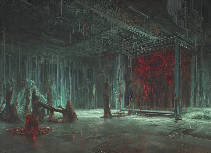 Image similar to satanic ritual, neon, they are watching, RGB, glowing wires everywhere, pristine, by Edgar Maxence and Ross Tran, Zdzisław Beksiński, and Michael Whelan, distant, gustav dore, H.R. Giger, 8k, octane render