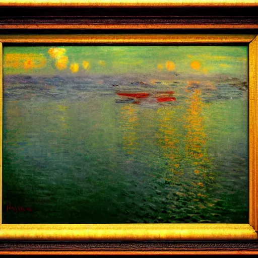 Prompt: a framed painting of a monet hellish landscape