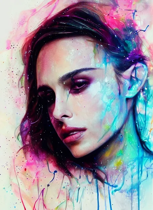 Image similar to nathalie portman by agnes cecile, luminous design, pastel colours, ink drips, autumn lights