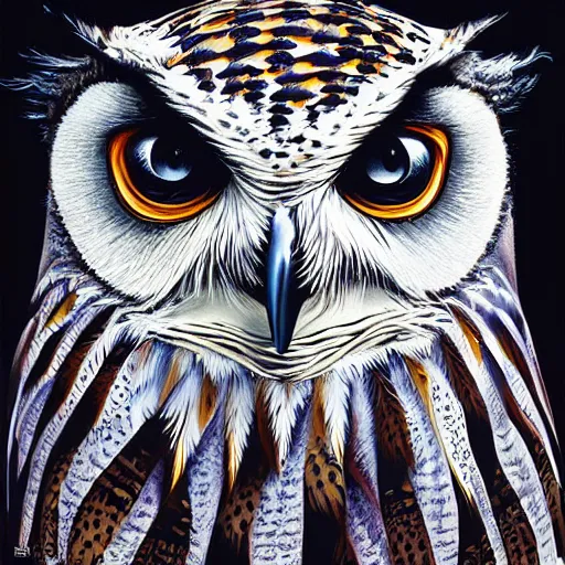 Prompt: a eagle owl painting by Android Jones and M. C. Escher collaboration