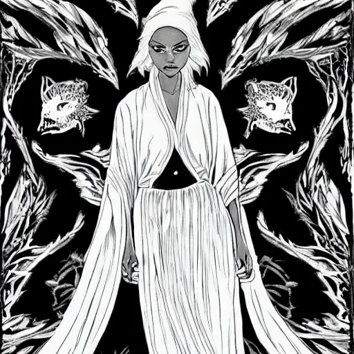 Image similar to black and white pen and ink!!!!!!! sorcerer beautiful attractive long hair Zoë Kravitz wearing High Royal flower print robes flaming!!!! final form flowing ritual royal!!! Contemplative stance Vagabond!!!!!!!! floating magic witch!!!! glides through a beautiful!!!!!!! Camellia!!!! Tsubaki!!! death-flower!!!! battlefield behind!!!! dramatic esoteric!!!!!! Long hair flowing dancing illustrated in high detail!!!!!!!! by Hiroya Oku!!!!!!!!! graphic novel published on 2049 award winning!!!! full body portrait!!!!! action exposition manga panel black and white Shonen Jump issue by David Lynch eraserhead and beautiful line art Hirohiko Araki!! Frank Miller, Kentaro Miura!, Jojo's Bizzare Adventure!!!! 3 sequential art golden ratio technical perspective panels horizontal per page