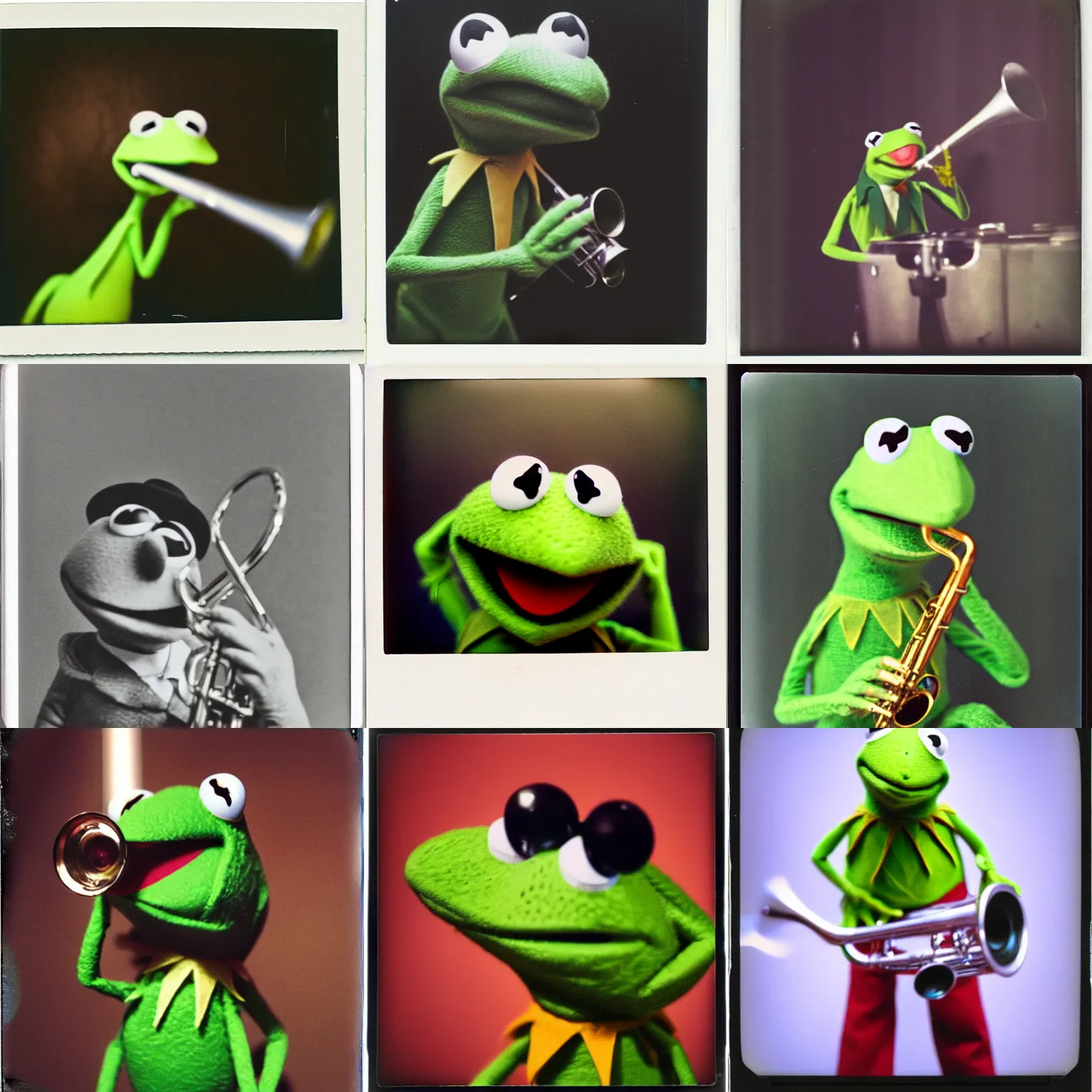 Prompt: a polaroid photograph of Kermit the Frog playing the trumpet, fisheye