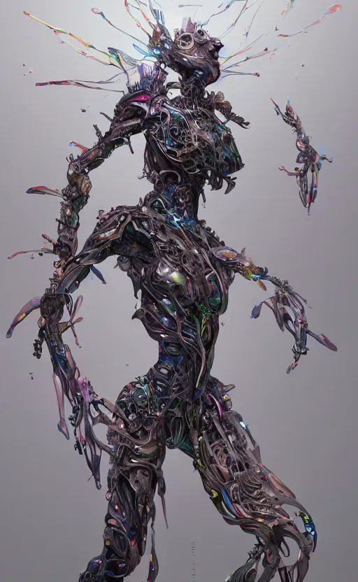 Image similar to hard surface form fused with organic form fashion outfit design, rainbow iridescent accents, full body frontal view, Peter mohrbacher, zaha hadid, tsutomu nihei, emil melmoth, zdzislaw belsinki, Craig Mullins, yoji shinkawa, trending on artstation, beautifully lit, hyper detailed, insane details, intricate, elite, ornate, elegant, luxury, dramatic lighting, CGsociety, hypermaximalist, golden ratio, octane render, weta digital, micro details, ray trace, 8k,