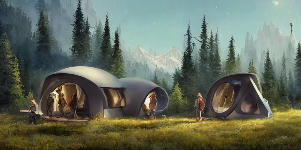 Prompt: cabela's tent futuristic pop up family pod, cabin, modular, person in foreground, mountainous forested wilderness open fields, beautiful views, painterly concept art, joanna gaines, environmental concept art, farmhouse, magnolia, concept art illustration by ross tran, by james gurney, by craig mullins, by greg rutkowski trending on artstation