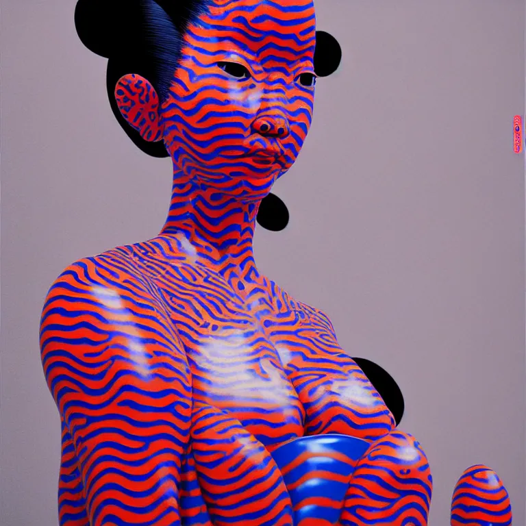 Image similar to hyperrealistic detailed image of a geisha in a art installation room, hd smooth interior by yayoi kusama, part by kei mieno, part by ross tran, dark art by james jean, ultra realistic, highly detailed, life like face, detailed body, 8 k, 3 d render by roger magrini, very cohesive, masterpiece