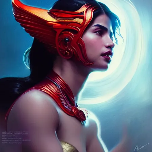 Image similar to anne curtis as darna, volumetric lights, red and cyan theme, art nouveau botanicals, intricate, highly detailed, digital painting, artstation, concept art, smooth, sharp focus, cinematic, illustration, beautiful face, art by artgerm and greg rutkowski and alphonse mucha