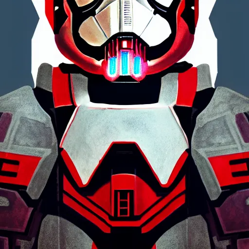 Prompt: super soldier, symmetrical portrait scifi, power armor storm trooper red and black detailed matte painting hyperdetailed trending on artstation moebius photorealism retrofuturism # film 8 k resolution back lit