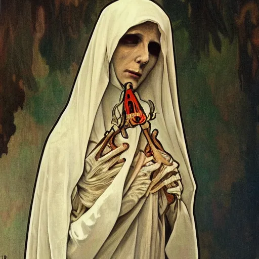 Prompt: a Masterpieces portrait of a skeleton nun in the style of Alphonse Mucha,Realistic style,oil on canvas