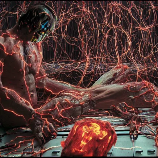 Image similar to scene from existenz, cinematic, a large box made out of human flesh, doom monster, electronic circuitry, skin, flesh!, blood, clumps of hair, lights, led, computer