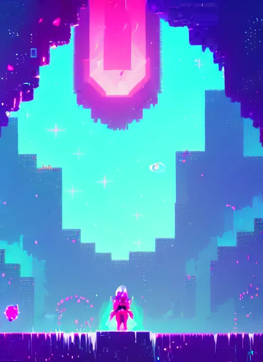 Prompt: a person upspiraling to the sparkles of crystal, diamond and rose quartz, going into dark infinity, beautiful high quality art in hyper light drifter style, trending on artstation