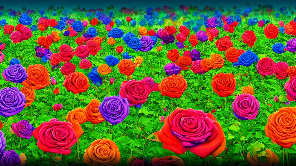 Prompt: digital illustration of a field of giant vibrant multi - colored roses by dr. seuss, reimagined by ilm and beeple : 1 | megaflora by dr. seuss, spectral color, rolling hills : 0. 9 | fantasy : 0. 9 | unreal engine, deviantart, artstation, hd, 8 k resolution : 0. 8