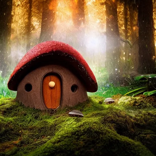 Prompt: A cute mushroom house growing on the enchanted forest floor. medium shot, magical cinematic lighting, sharp, high detail, nature photography