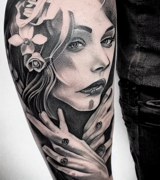 Image similar to a beautiful tattoo design, in the style of den yakovlev, hyper realistic, black and white, realism, highly detailed