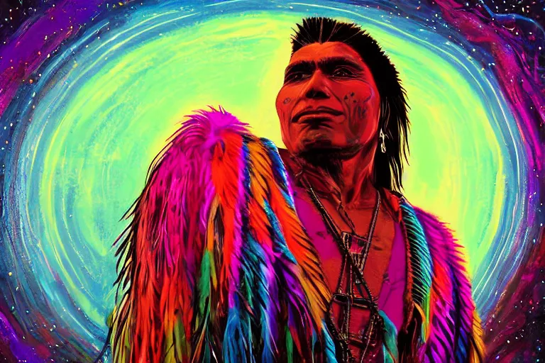 Image similar to digital art of a spiritual native american man looking up at the stars, acrylic art, universe, painting, pastel colors, synthwave, retro, cyberpunk,