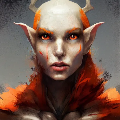 Prompt: portrait of a Short elf with grey skin, orange/red hair, elf ears, their eyes are completely yellow, they have deer like legs, and they are both masc and femme equally dramatic lighting, illustration by Greg rutkowski, yoji shinkawa, 4k, digital art, concept art, trending on artstation