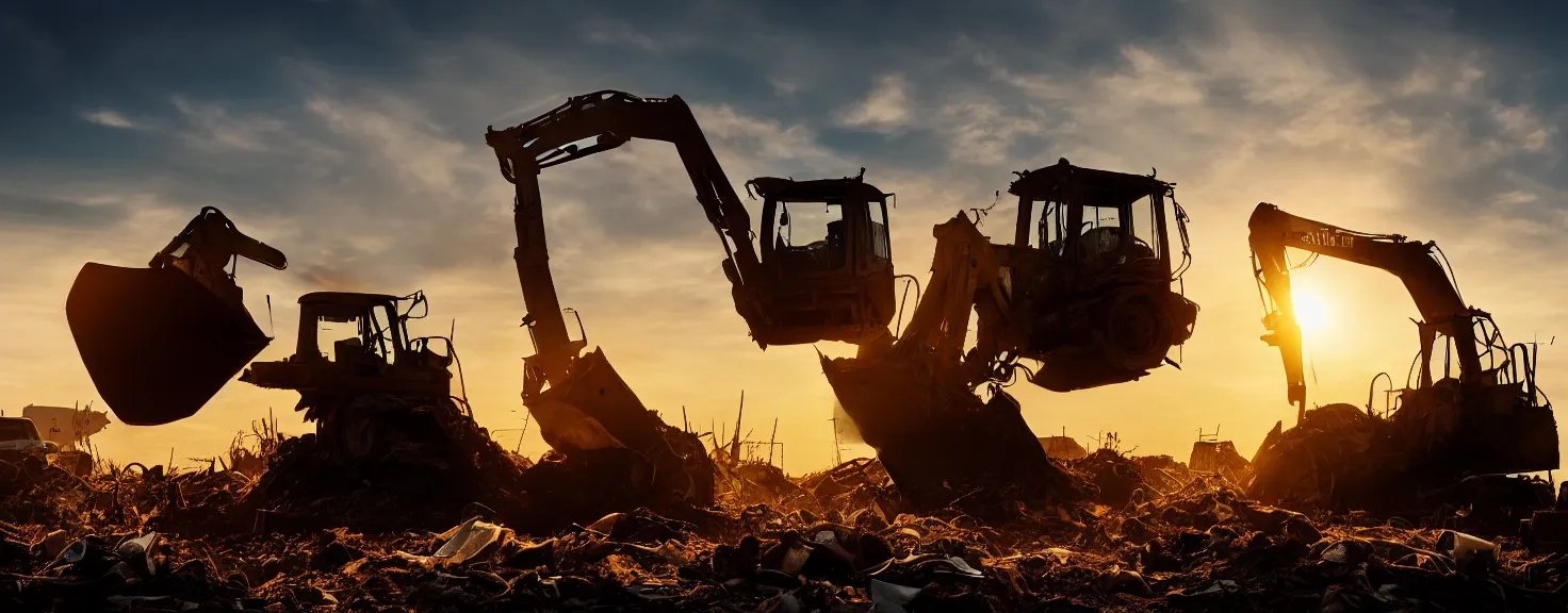 Image similar to Silhouette of single bulldozer working on junkyard heap, photorealistic image, golden hour, low angle shot, very detailed