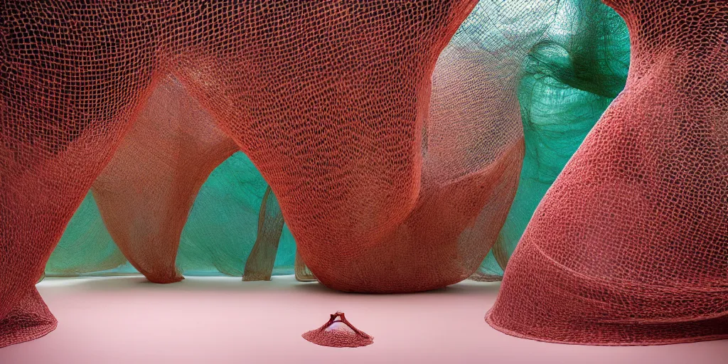 Image similar to biomorphic structures out of stocking - like material and nets that fills with various objects like spices, sand and rocks by ernesto neto, dusty pink with light - mint color, film still from the movie directed by denis villeneuve with art direction by zdzisław beksinski, telephoto lens, shallow depth of field