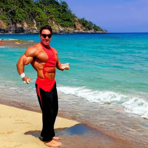 Prompt: photo of muscular pizza man, beach background