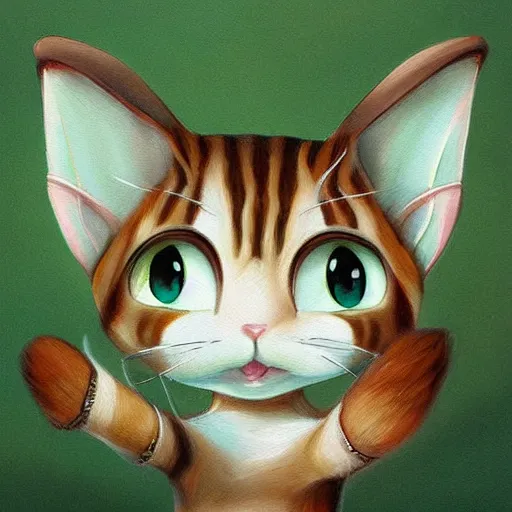 Prompt: realist detailed painting concept art of a cute beige cat with big green eyes, long floppy rabbit ears, and long tail, in the art style of nakanoart, ebbarie, kajenna