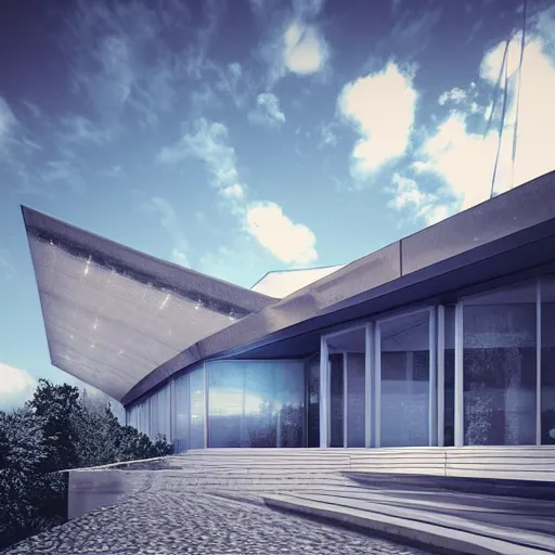 Image similar to dreamy architecture on hill render by Alexis Christodoulou. photorealism. V-Ray, blue color scheme