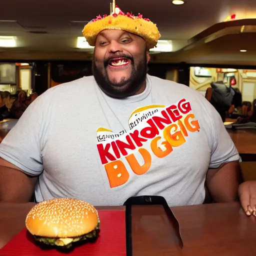 Image similar to ruben studdard wearing a Burger King crown, smiling and happy