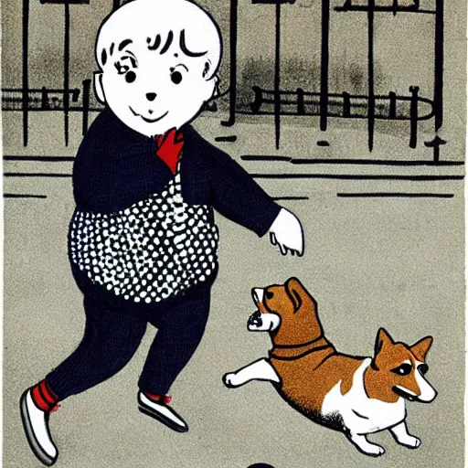 Image similar to book illustration of a french boy on the streets of paris playing football against a corgi, the dog is wearing a polka dot scarf, 1 9 6 6