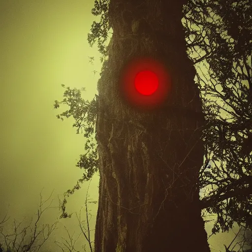 Image similar to shadowy figure on top of a tree, scary red eyes, smiling