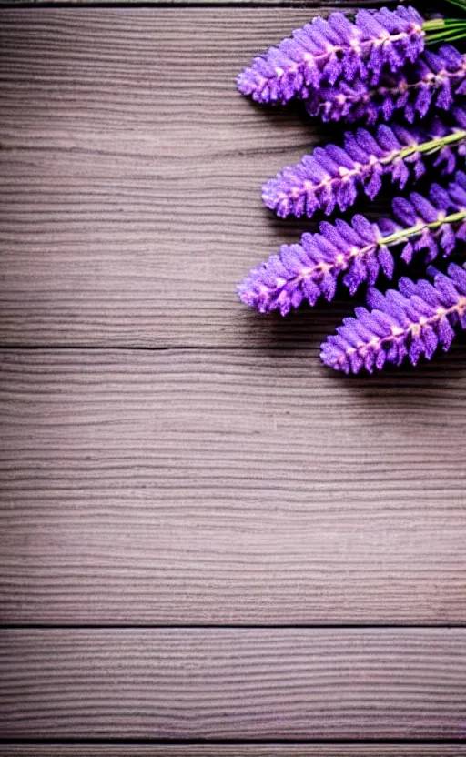 Prompt: soft purple lavender flowers on pale vertical rustic boards, background, backdrop