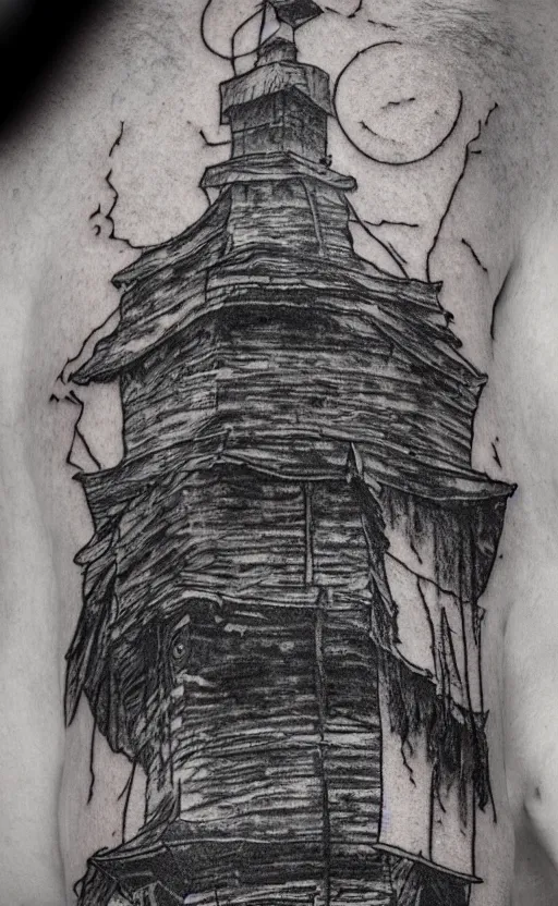 Image similar to an old man wearing a hat on top of a tower, ultra detailed, tattoo, 8 k