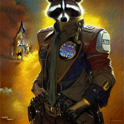 Prompt: portrait of a male rocket racoon in a police uniform. shadowrun furaffiniy cyberpunk fantasy highly detailed painting by gaston bussiere craig mullins jc leyendecker gustav klimt artgerm greg rutkowski john berkey, bergey, craig mullins, ruan jia, raymond swanland, jeremy mann, tom lovell, alex malveda