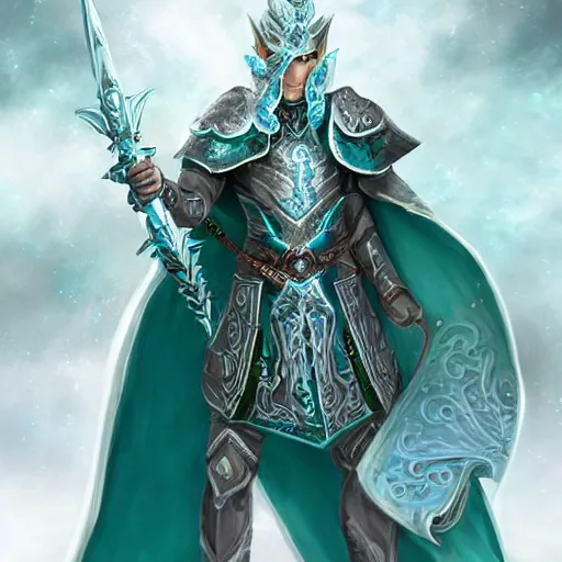 Prompt: handsome male snow elf in a turquoise cape and silver ornate armour, albino skin, ultra detailed fantasy, elden ring, realistic, dnd character portrait, full body, dnd, rpg, lotr game design fanart by concept art, behance hd, artstation, deviantart, global illumination radiating a glowing aura