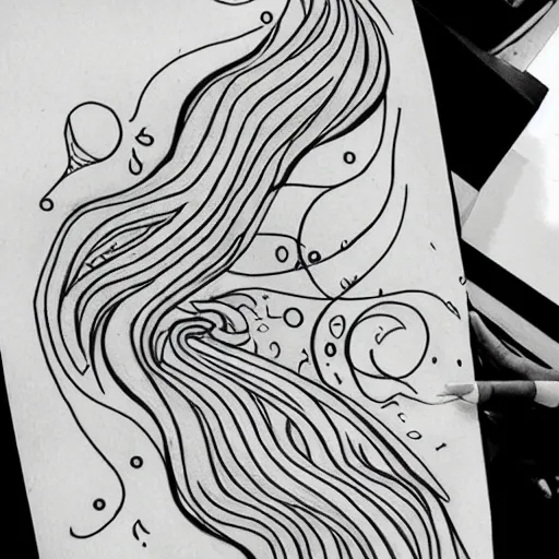 Image similar to tattoo sketch of a sea, on a yellow paper, ornamental, line art, minimalism, tatto for leg