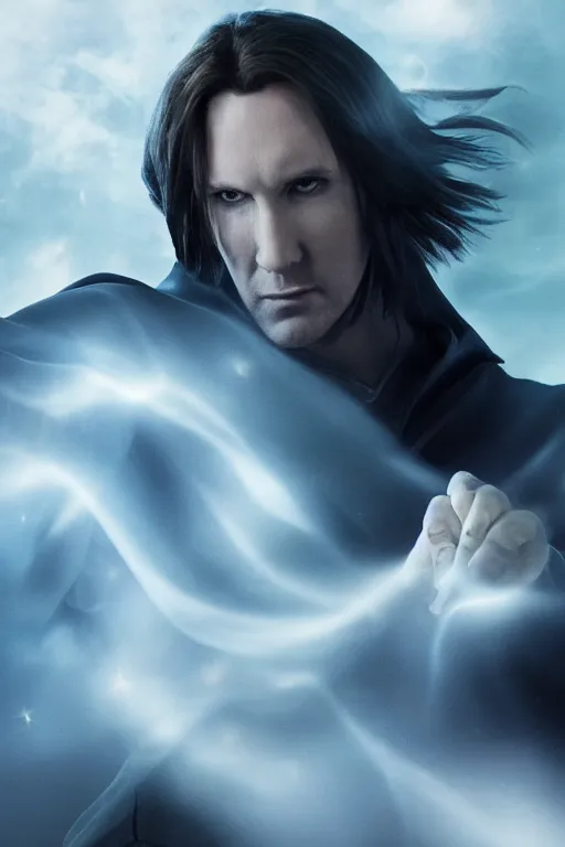 Image similar to Matthew Mercer is an all powerful wizard, realistic cinematic shot, swirling magic, subtle fog and mood lighting