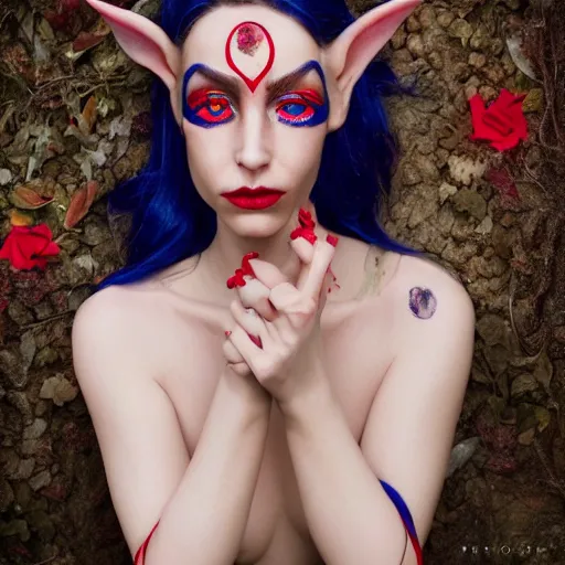 Image similar to A detailed portrait of an elf woman with red and blue irises by Peter Kemp and Monia Merlo