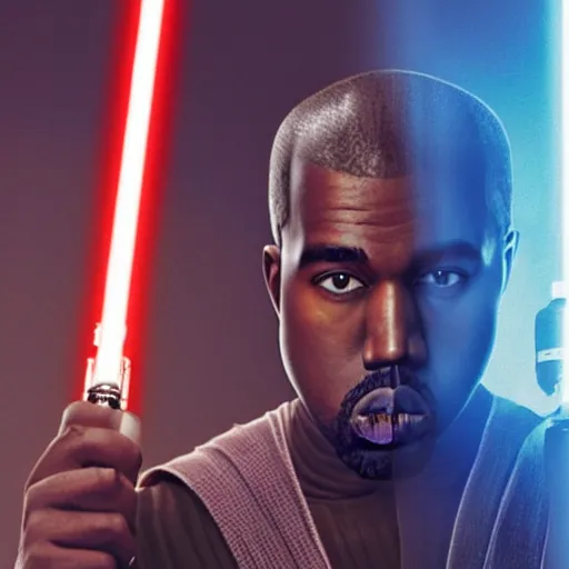 Image similar to Portrait of Kanye West as a jedi in Star Wars, holding lightsabre. splash art, cinematic lighting, dramatic, octane render, long lens, shallow depth of field, bokeh, anamorphic lens flare, 8k, hyper detailed, 35mm film grain