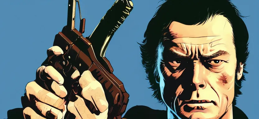 Prompt: dirty harry with a 4 4 magnum, digital painting masterpiece, by ilya kuvshinov, by frank frazetta, by mœbius, by reiq, by hayao miyazaki, intricate detail, beautiful brush strokes, advanced lighting technology, 4 k wallpaper, interesting character design, stylized yet realistic anatomy and faces, inspired by kill bill animated scene