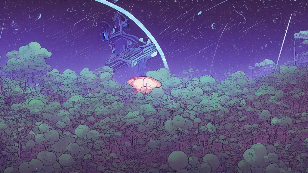 Prompt: illustration of a spaceship over a rainy giant forest with luminescent flowers at night with cummulonimbus clouds by moebius, by makoto shinkai, by oliver vernon, by joseph moncada, by damon soule, by manabu ikeda, by kyle hotz, by dan mumford, by kilian eng, by nico delort