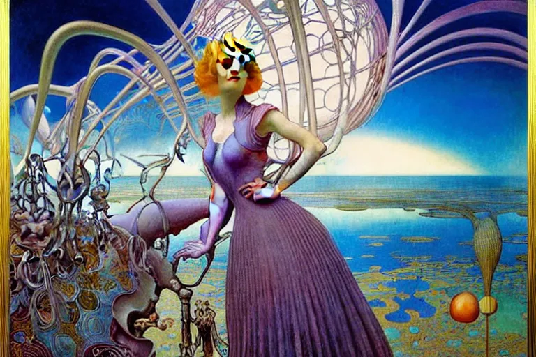 Image similar to realistic extremely detailed portrait painting of alice in wonderland, futuristic sci-fi landscape on background by Jean Delville, Amano, Yves Tanguy, Ilya Repin, Alphonse Mucha, Ernst Haeckel, Edward Robert Hughes, Roger Dean, rich moody colours, blue eyes