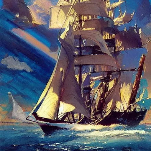 Prompt: A pirate on the high seas that has magical pearlescent shimmering see through sails, painting by John Berkey