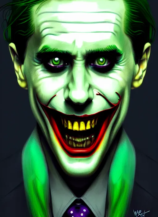 Image similar to portrait of jared leto as the joker, green hair, intricate, elegant, glowing lights, highly detailed, digital painting, artstation, concept art, sharp focus, illustration, art by wlop, mars ravelo and greg rutkowski