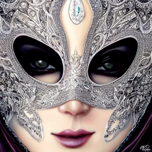 Prompt: a beautiful woman wearing a white niqab made of silver with jewelry and diamonds by karol bak, ayami kojima, arabian eyes, concept art, fantasy