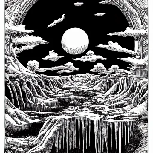 Prompt: symmetrical fantasy landscape, line art, engraving illustration by charlie adlard, b & w