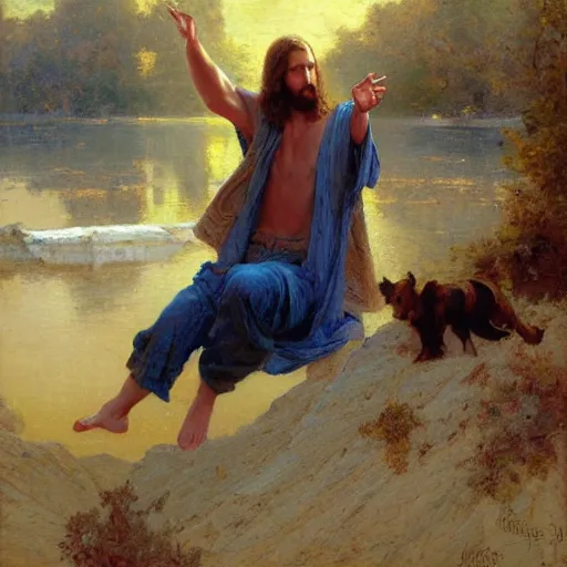 Prompt: Jesus doing the crip hand sign, painting by Gaston Bussiere, Craig Mullins