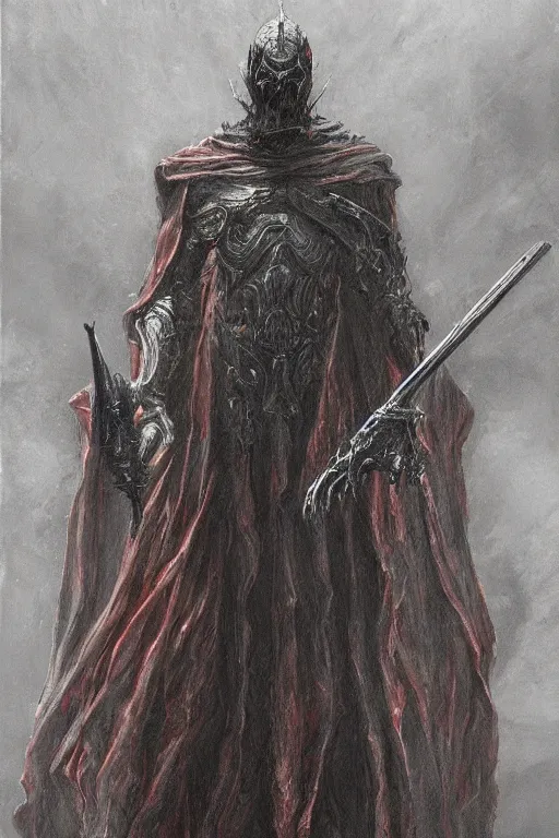 Image similar to Distorted god knight with face of Nicolas Cage in dark robe with a giant reaper scythe, dark fantasy, intricate, highly detailed, smooth, artstation, painted by Wayne Barlowe, zdislav beksinski, Francis Bacon