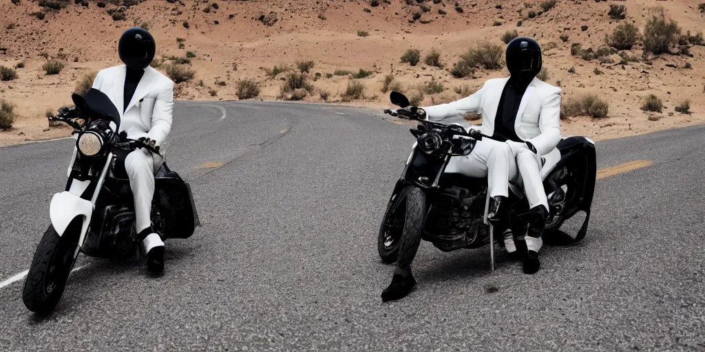 Prompt: Frank ocean wearing a black and white suit, riding a motorcycle in the desert on a road