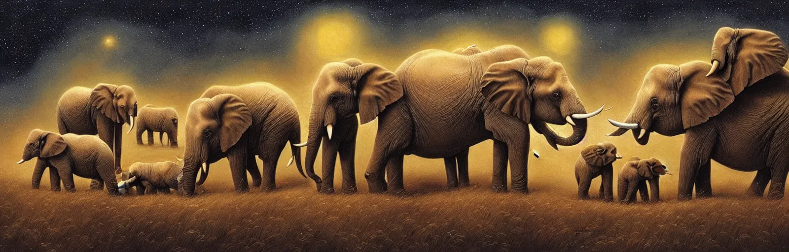 Image similar to two adult elephants and a baby elephants sleeping soundly under a starry sky, small group, surrounded by savannah, illustration, detailed, smooth, soft, warm, by Adolf Lachman, Shaun Tan, Surrealism