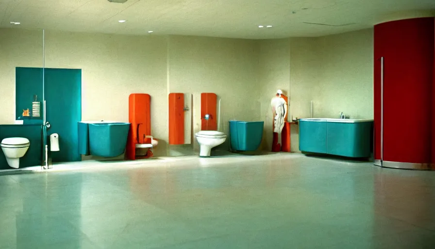 Prompt: 60s movie still of an empty wide bathroom with 4 toilets, cinestill 800t 50mm eastmancolor, liminal Space style, heavy grain