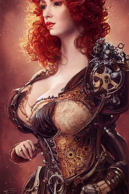 Image similar to three-quarters pose portrait of Christina Hendricks as a sensual Lady Mechanika, very beautiful young woman, ginger wavy hair, Victorian-era push-up underwire. Intricate, steampunk imagery themed, D&D!, fantasy style, sharp focus!, ultra detailed, art by Artgerm and Peter Andrew Jones, WLUP