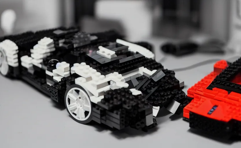 Image similar to a robot plays with a black lego lamborghini. soft light. dark background. cinematic. intricate. highly detailed